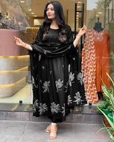 Black Printed Cotton Pintex Work Dupatta Set